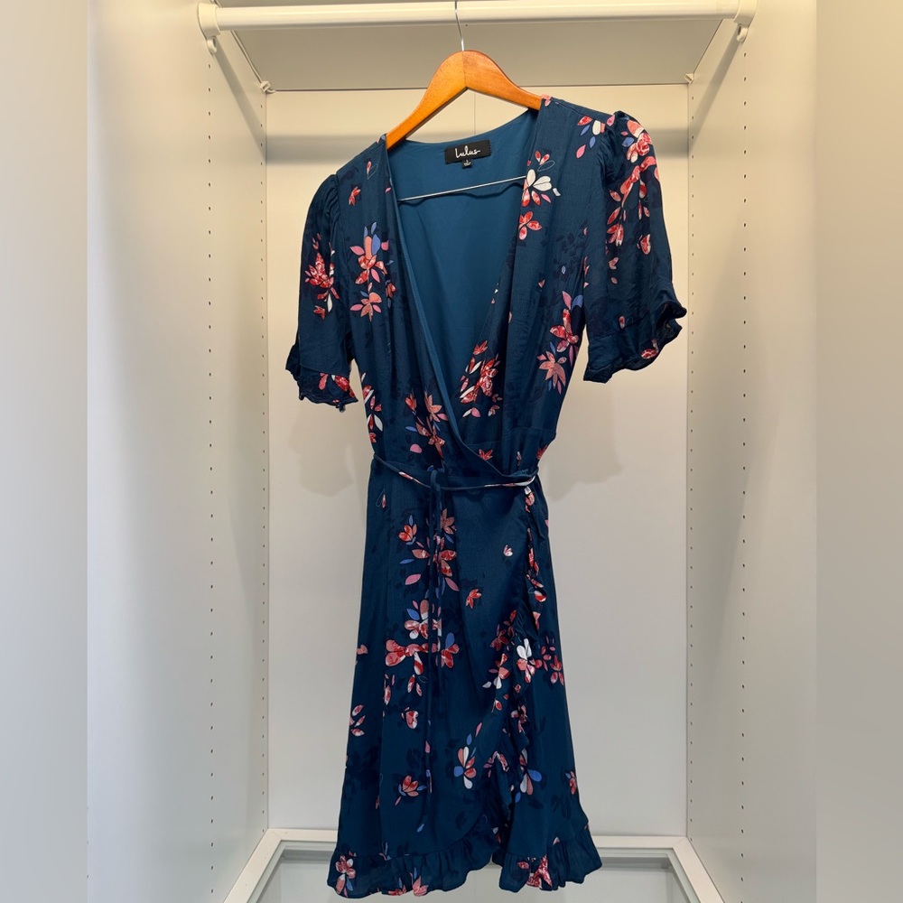 Lulu’s Dalton Teal Blue Floral Print Ruffled Wrap Dress